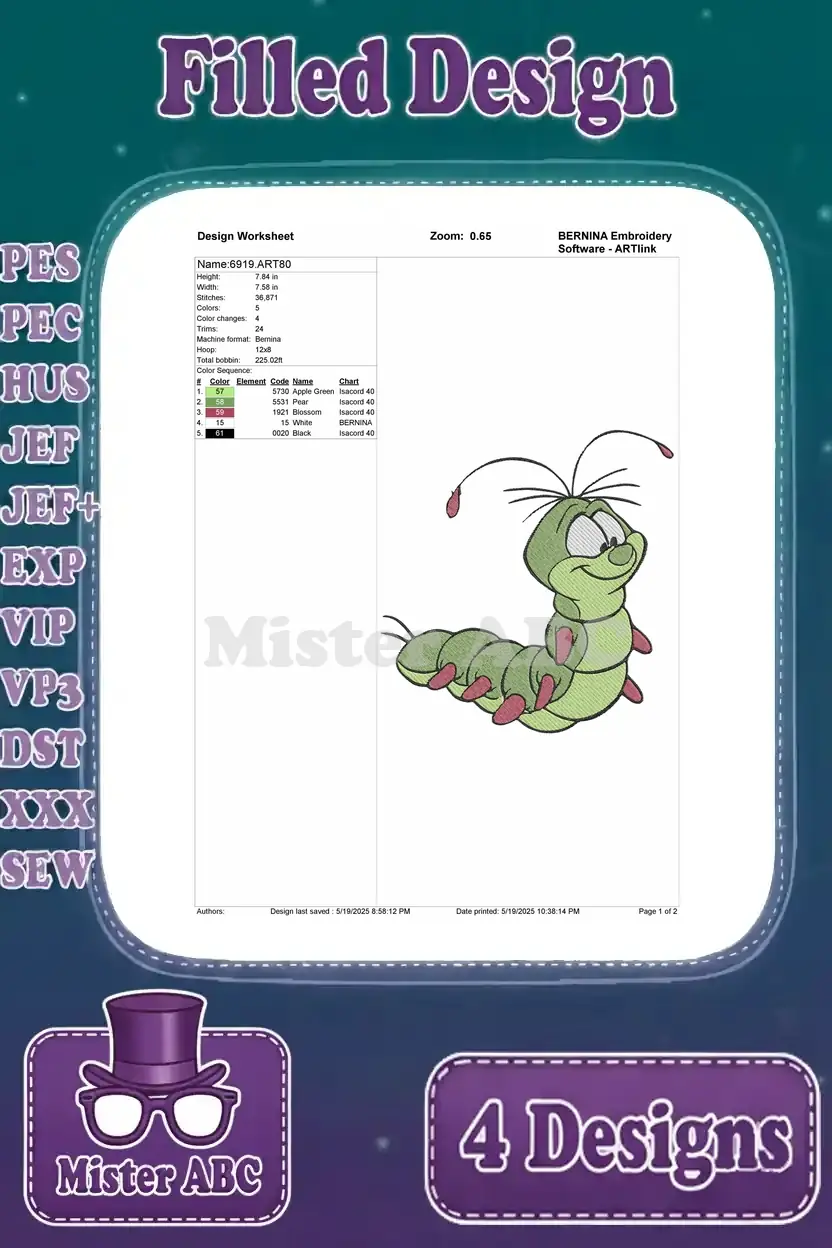 Detailed embroidery worksheet for the adorable caterpillar design, showing stitch counts, colors, and design specs.