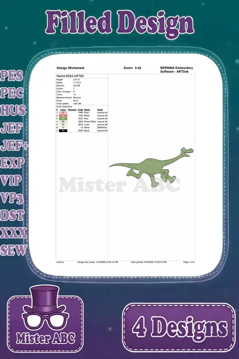 Detailed design worksheet for the first Arlo-inspired running dinosaur embroidery, showing stitch count and color sequence.