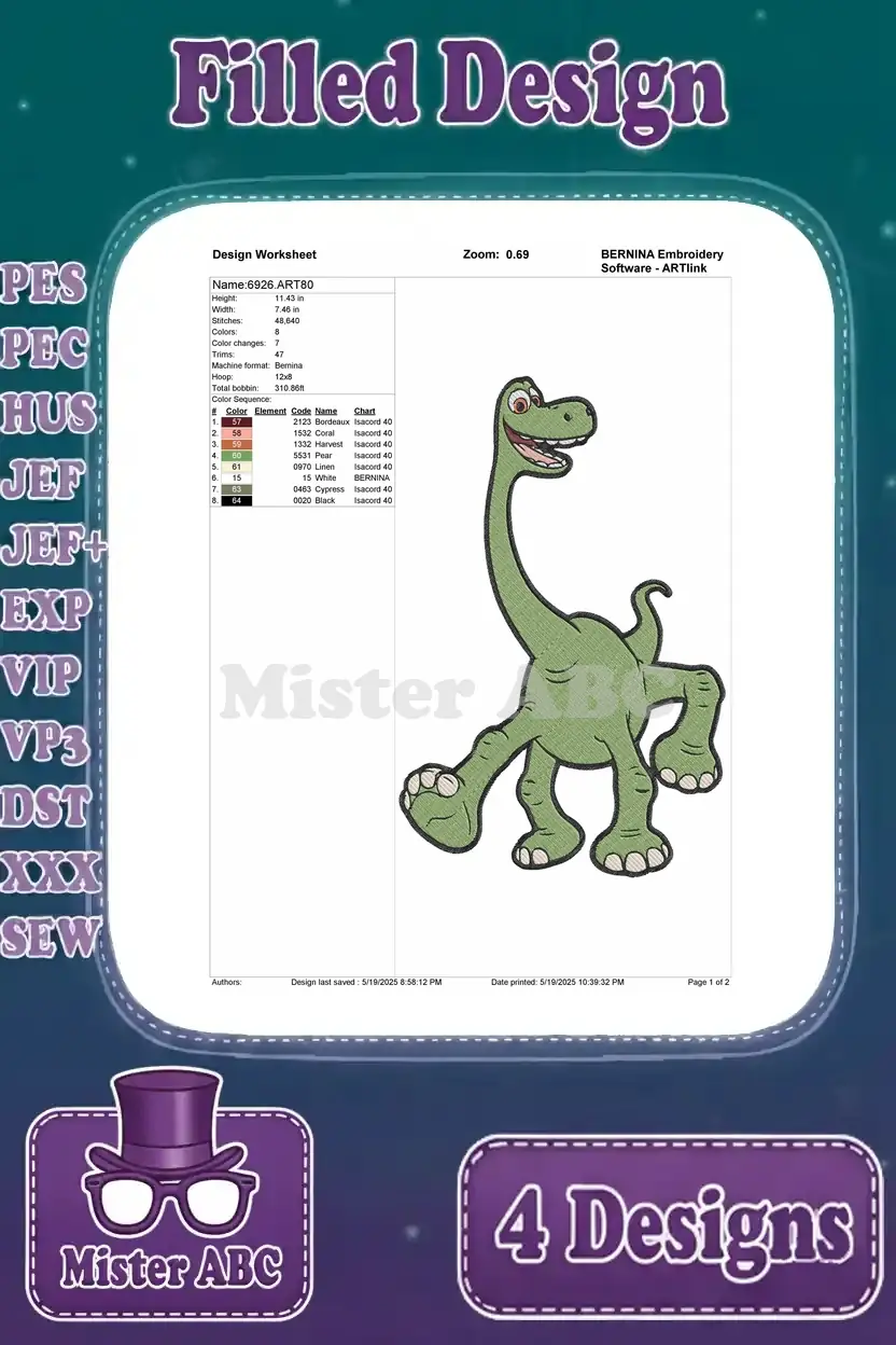 Detailed design worksheet for the third Arlo-inspired walking dinosaur, showing stitch count and color sequence.