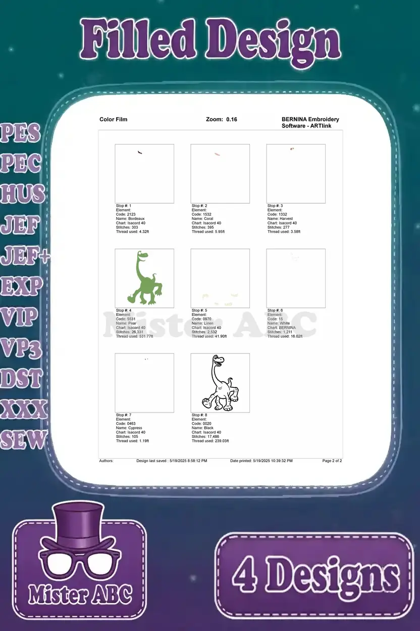 Color film breakdown for the third Arlo-inspired walking dinosaur, illustrating stitch order and thread usage.