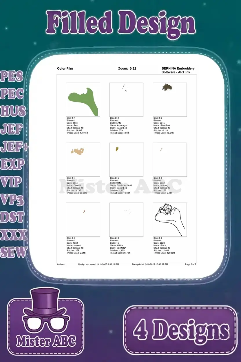 Color film for the Arlo and Spot sleeping design, illustrating the exact sequence of thread colors and stitches.