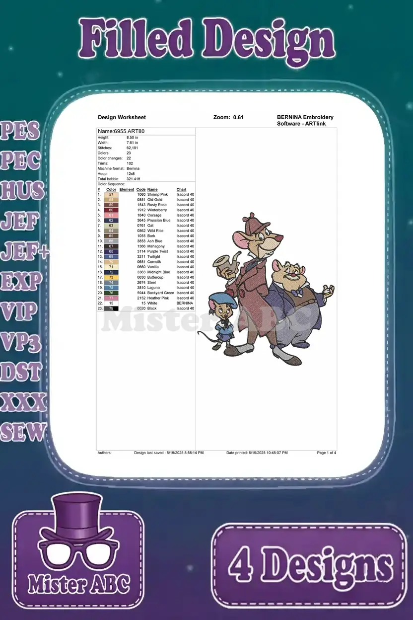 Detailed design worksheet for the second embroidery pattern featuring Basil, Dr. Dawson, and Olivia Flaversham.