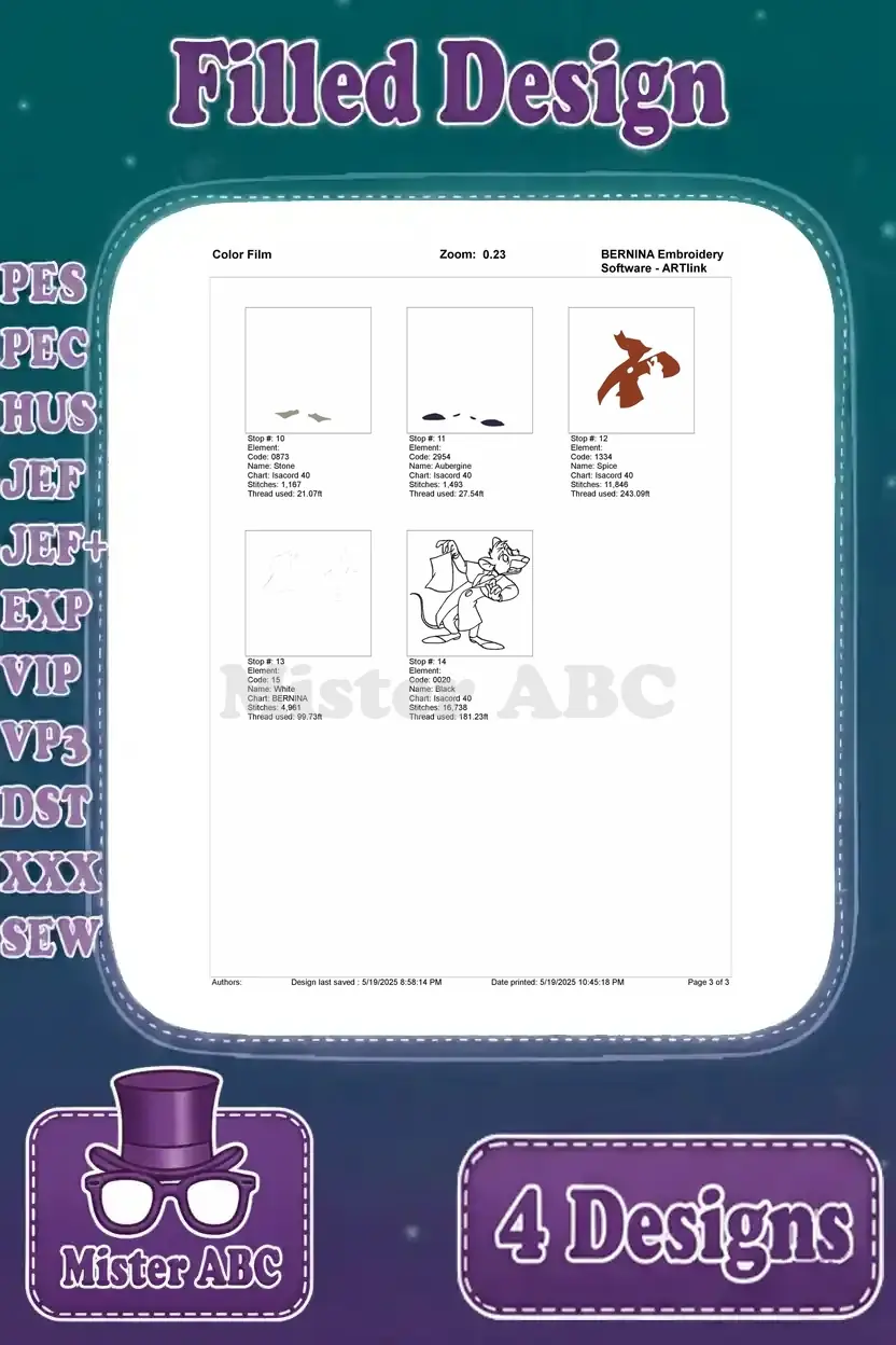 Final color film analysis for the third Basil with document filled embroidery design, completing the pattern.