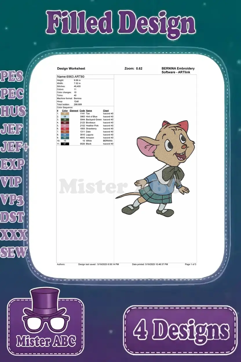 Design worksheet for the standing Olivia Flaversham embroidery, detailing stitch count and color changes.