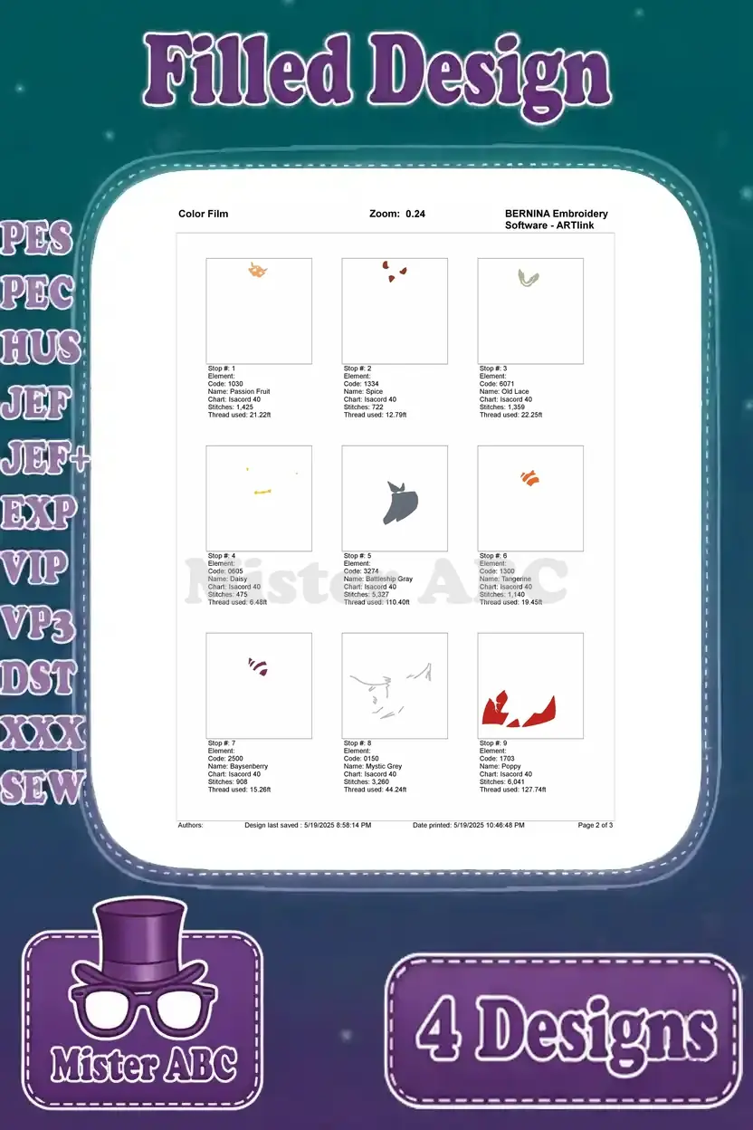 Color film page two for Ratigan's finger-up pose, showing individual color stops and thread application.