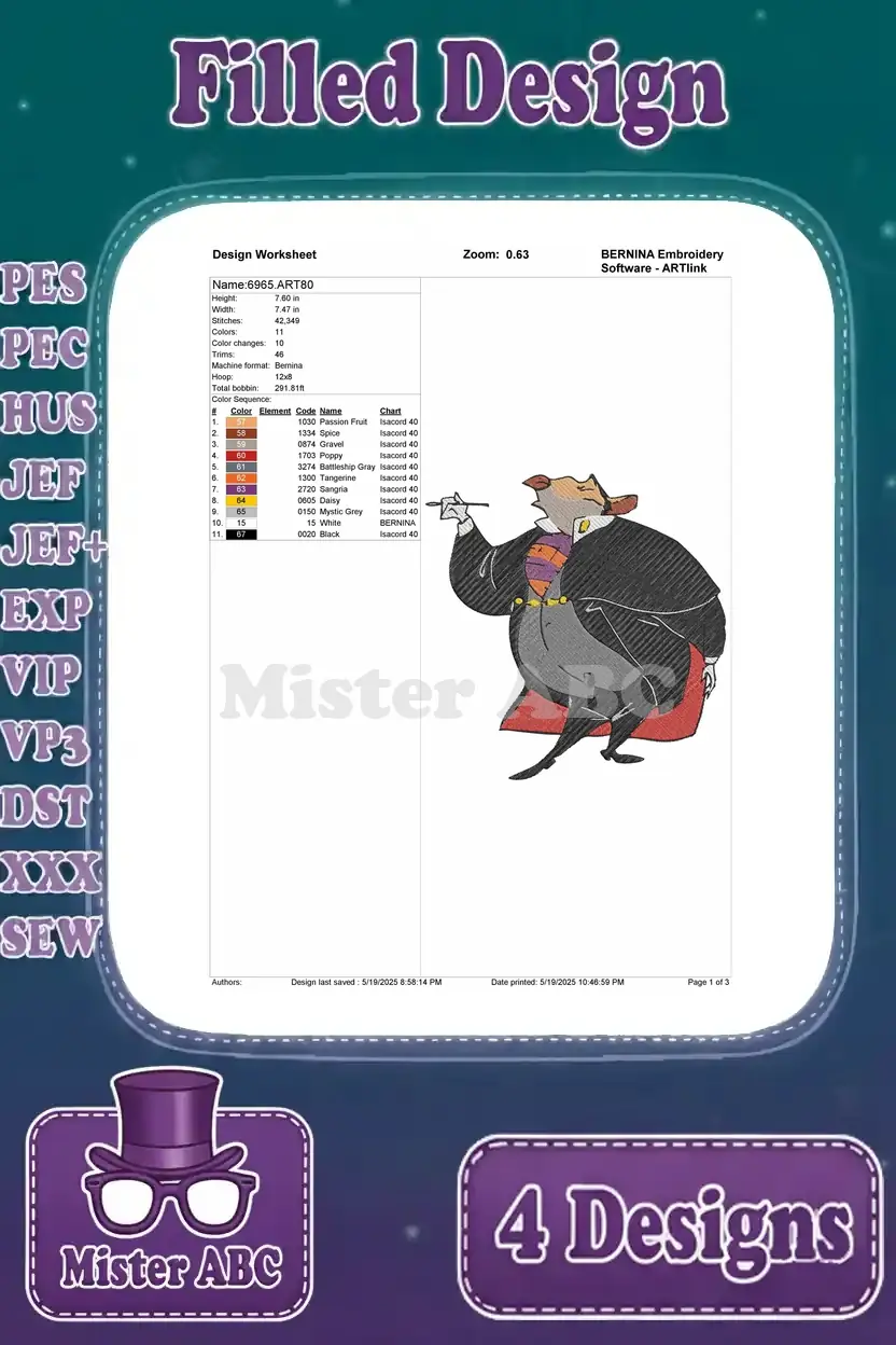 Design worksheet for Professor Ratigan with cigar, detailing stitch count, colors, and design specifics.