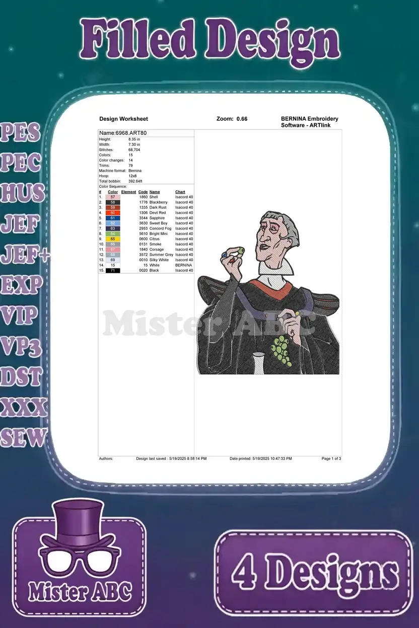 Detailed embroidery design worksheet for Judge Frollo eating grapes, showing stitch count and color sequence.