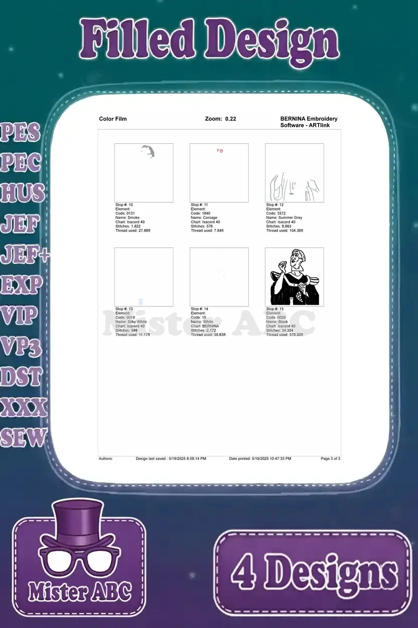 Second page of the color film for Frollo eating grapes, detailing subsequent embroidery stitch sequences.