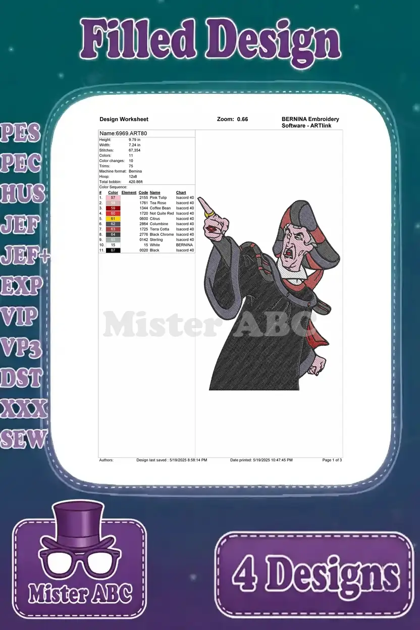 Detailed embroidery design worksheet for Judge Frollo pointing angrily, showing stitch count and color sequence.