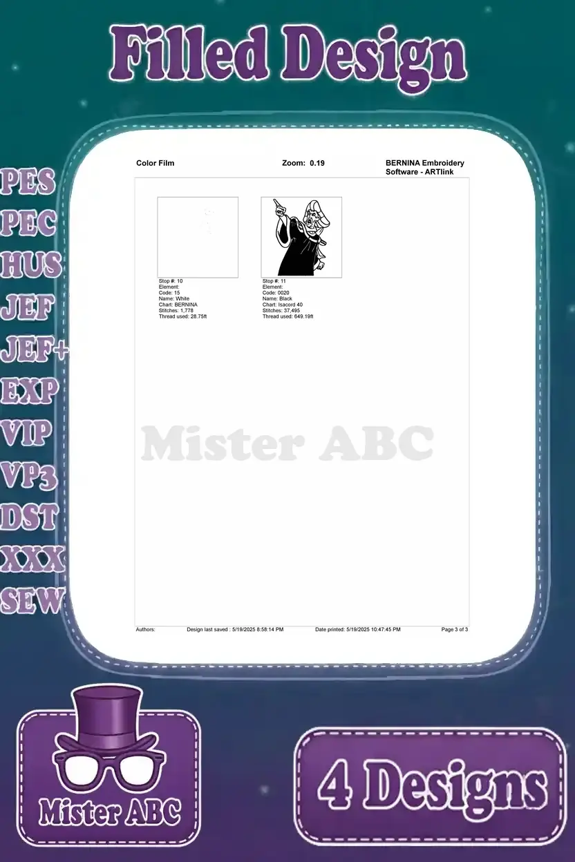 Second page of the color film for Frollo pointing angrily, detailing subsequent embroidery stitch sequences.