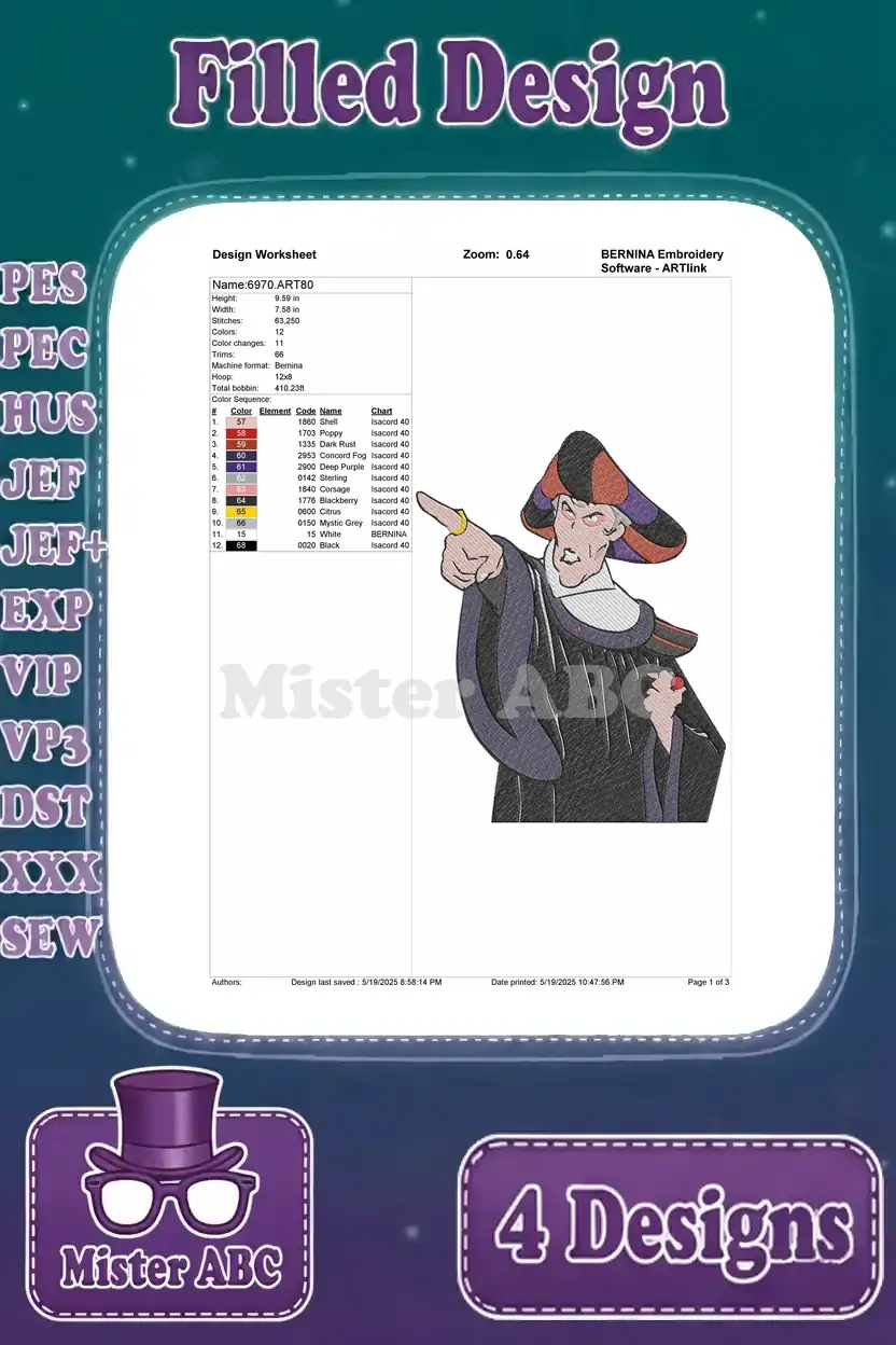 Detailed embroidery design worksheet for Judge Frollo in a pointing pose, showing stitch count and color sequence.
