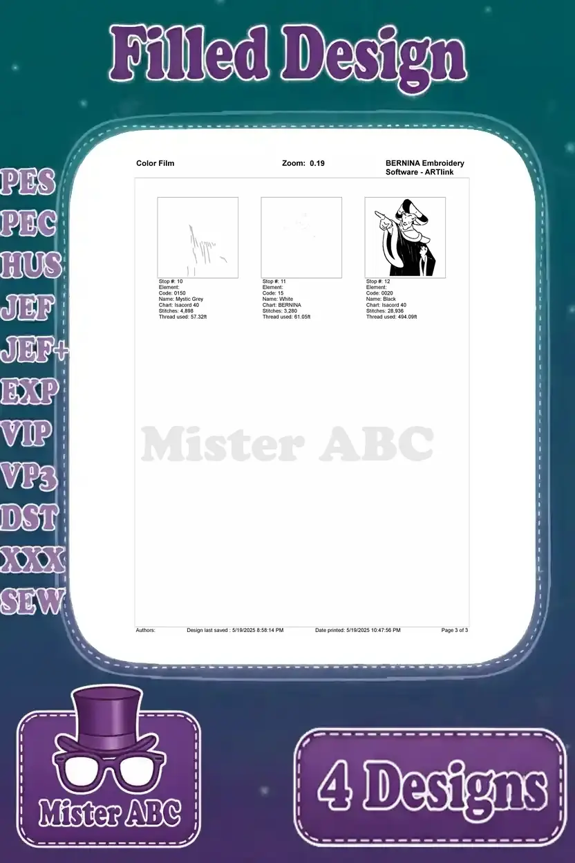 Second page of the color film for Frollo in a pointing pose, detailing subsequent embroidery stitch sequences.