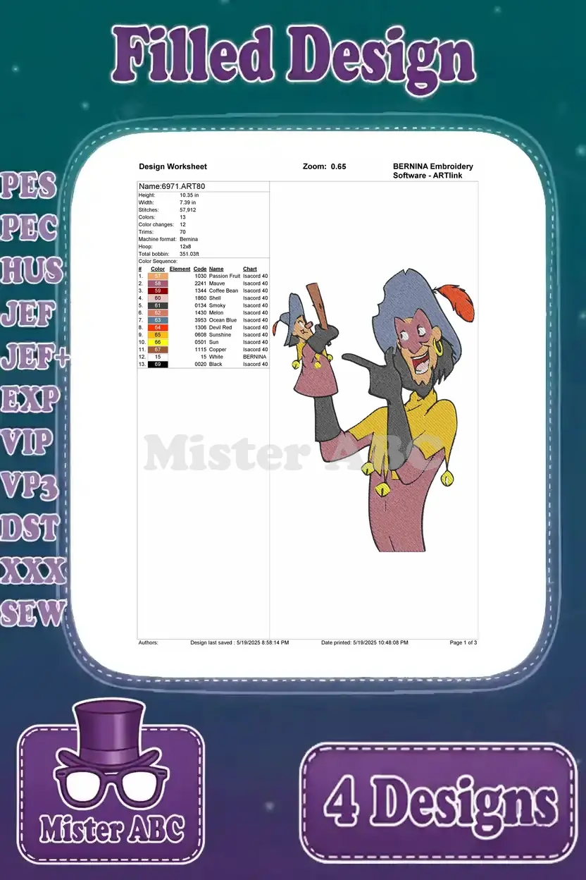 Detailed embroidery design worksheet for Clopin with a puppet, showing stitch count and color sequence.
