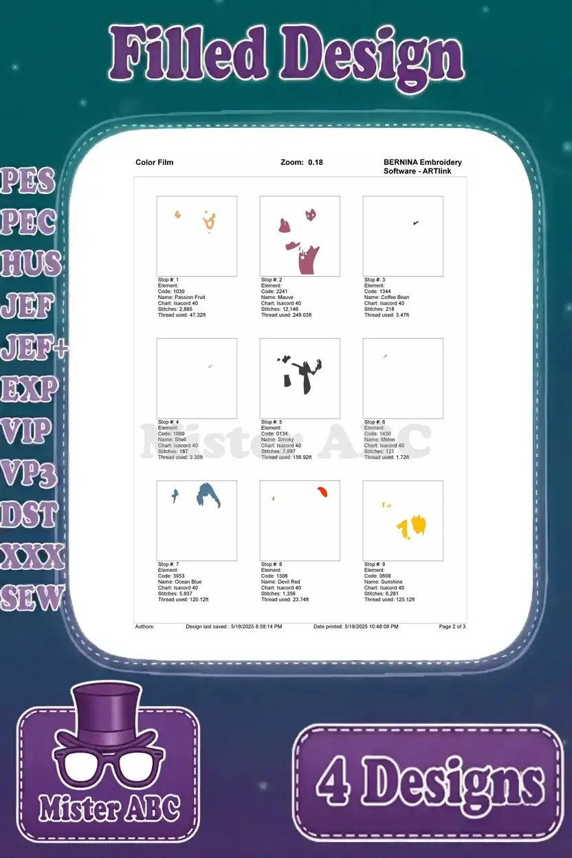 First page of the color film for Clopin with a puppet, showing initial embroidery stitch sequences.