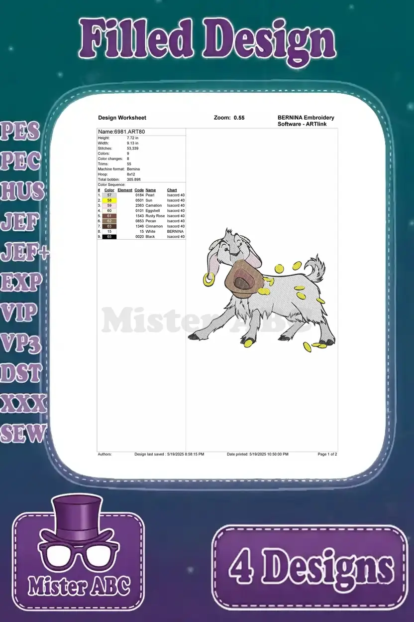 Design worksheet for the first Jeb the goat embroidery design, detailing stitch count and color sequence.