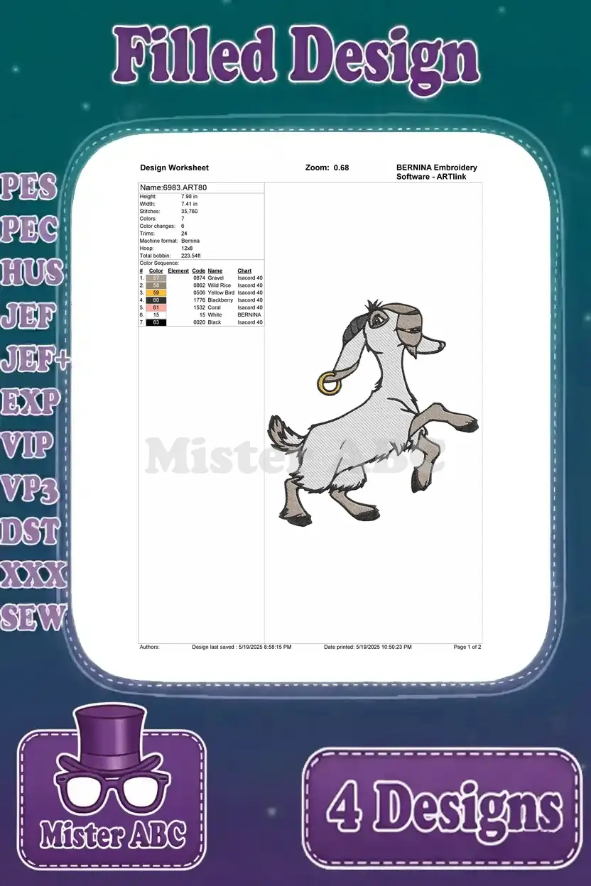 Design worksheet for the third Jeb the goat embroidery design, detailing stitch count and colors.