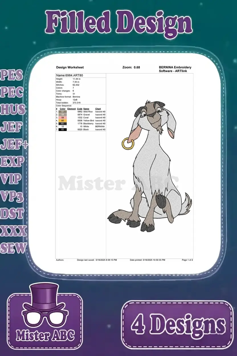 Design worksheet for the fourth Jeb the goat embroidery design, detailing stitch count and colors.