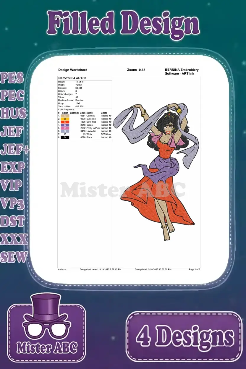 Detailed design worksheet for the first Esmeralda embroidery, showing stitch count, color changes, and thread chart.