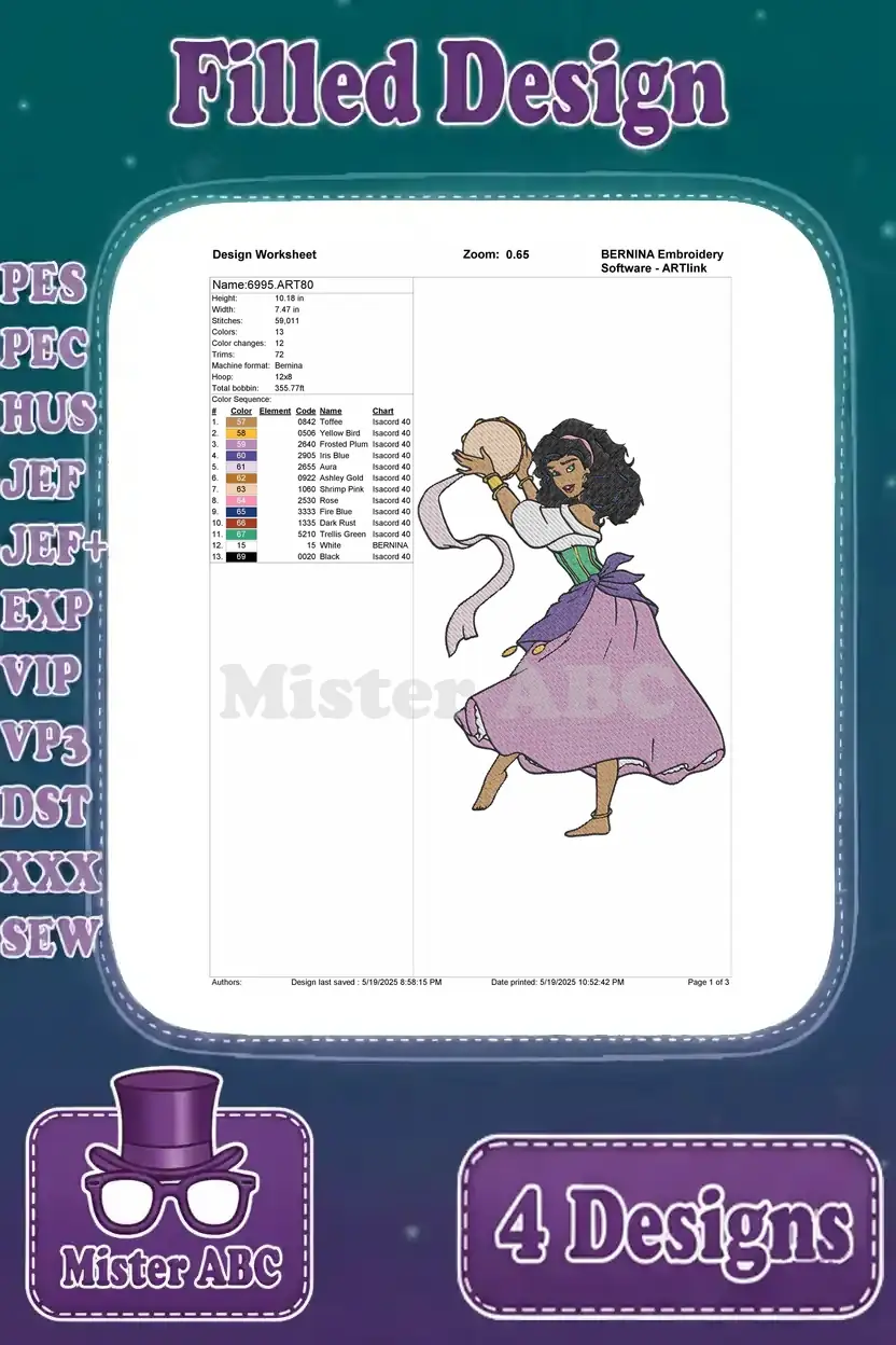 Detailed design worksheet for the second Esmeralda embroidery, showing stitch count, color changes, and thread chart.