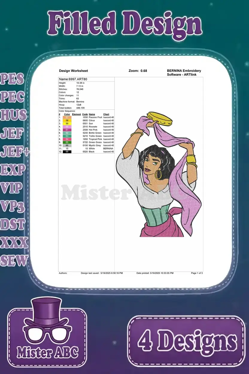 Detailed design worksheet for the fourth Esmeralda embroidery, showing stitch count, color changes, and thread chart.