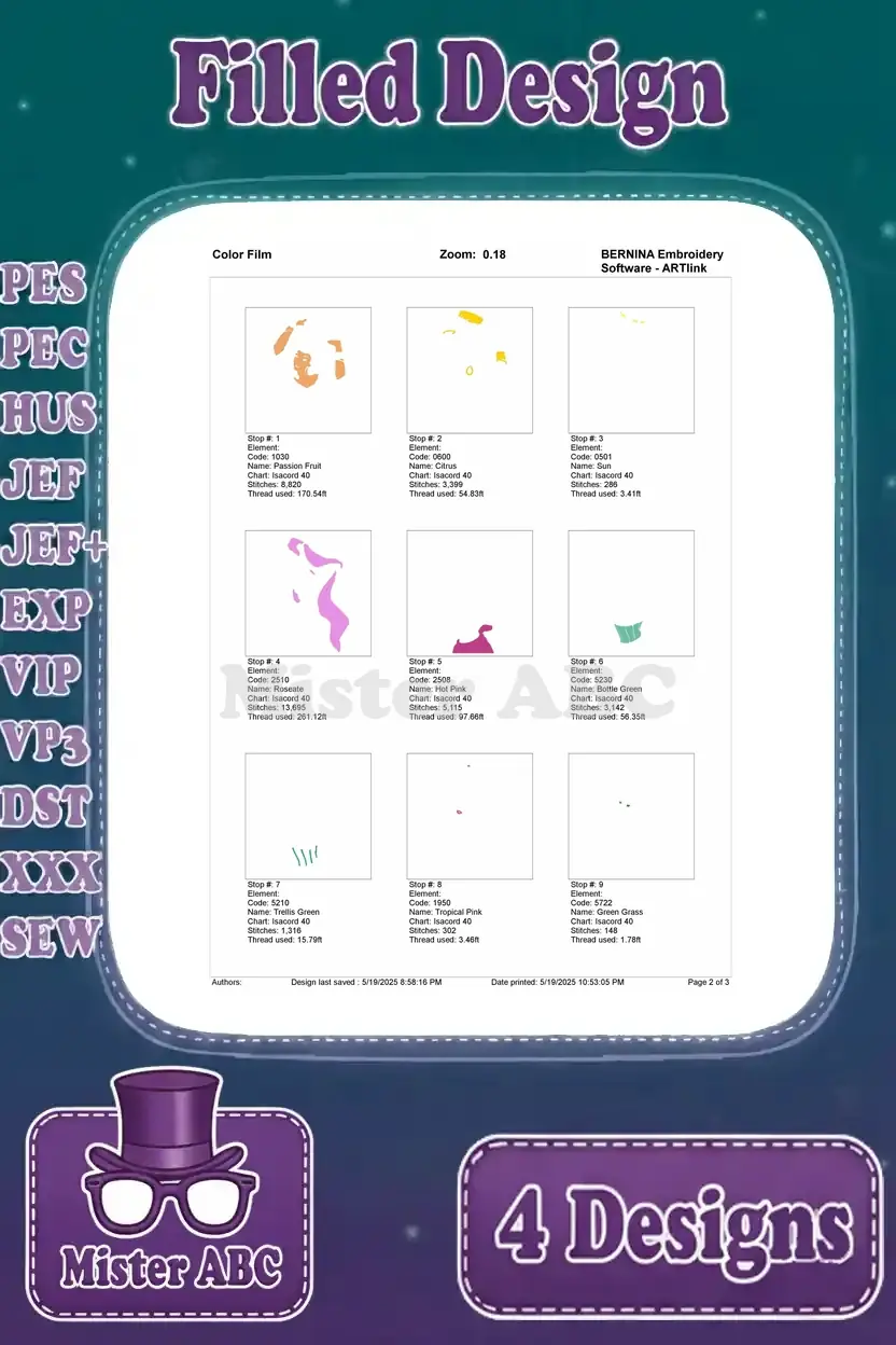 First page of the color film breakdown for Esmeralda Design 4, detailing initial thread color steps.