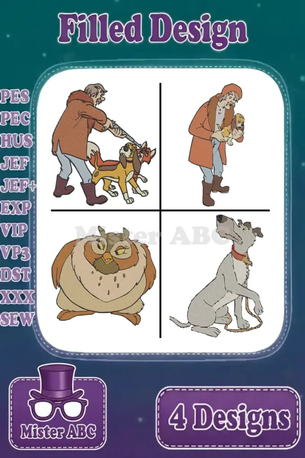 A main product image displaying four distinct filled embroidery designs from The Fox and the Hound story.