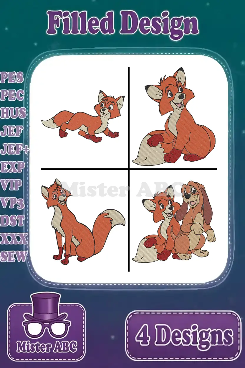 Four delightful filled embroidery designs featuring Tod the fox and Copper the hound from Disney's classic, perfect for machine embroidery projects.