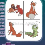 Disney Fox And Hound Tod And Vixey Fox Couple Squeeks Caterpillar Friend - Filled Embroidery Design - Instant Download