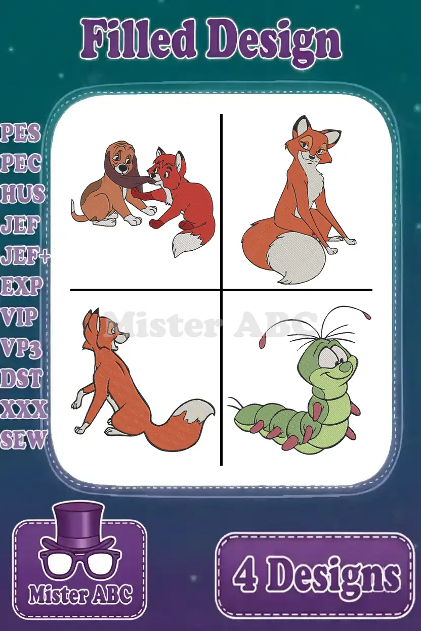 Four vibrant filled embroidery designs: Tod and Copper playing, Tod sitting, Tod looking up, and a cheerful caterpillar.