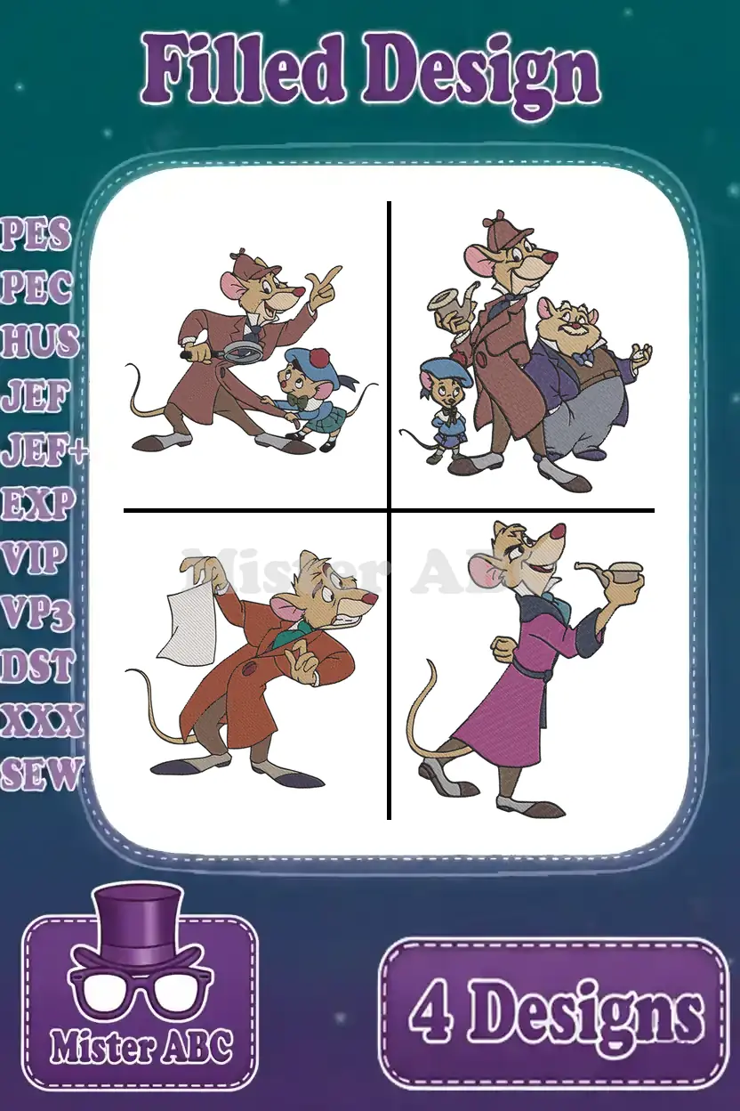 A vibrant collage of four filled embroidery designs featuring Basil of Baker Street, Dr. Dawson, and Olivia Flaversham.