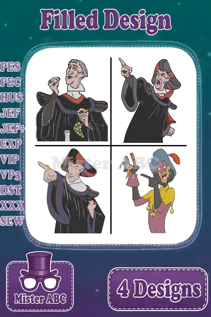 Four vibrant filled embroidery designs featuring Judge Frollo and Clopin from Hunchback of Notre Dame.
