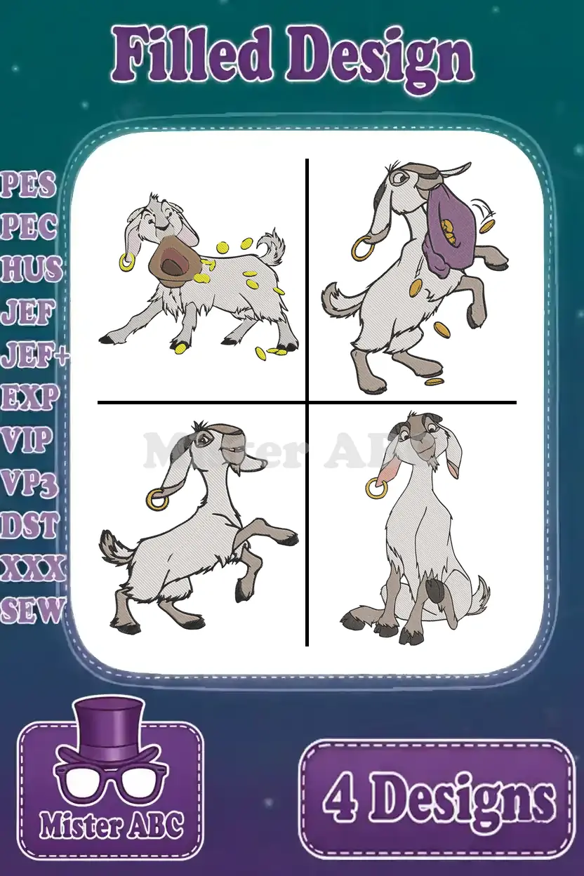 Four filled embroidery designs of Jeb the goat in playful poses, showcasing various supported file formats.