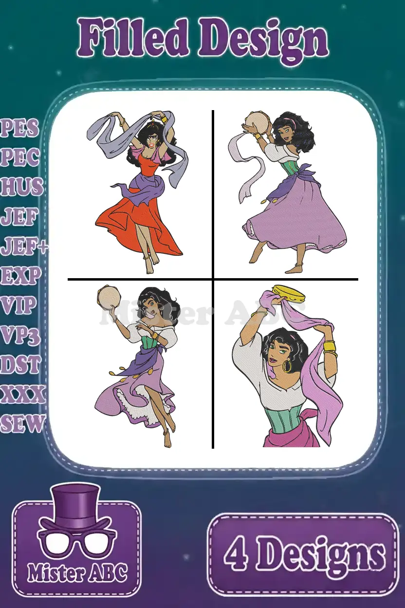 Four vibrant filled embroidery designs of Esmeralda in various dynamic poses, ready for multiple machine formats.