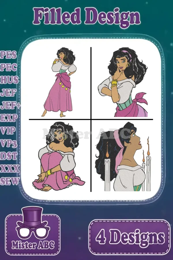 A vibrant bundle of four Esmeralda filled embroidery designs, showcasing her iconic poses and flowing attire.