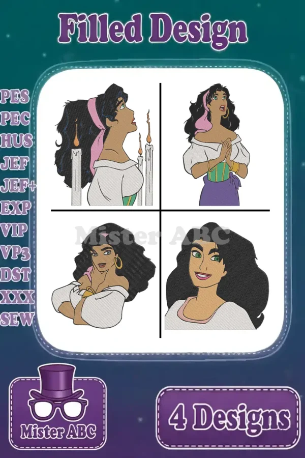 Four vibrant filled embroidery designs of Esmeralda, showcasing different poses, ready for machine embroidery projects.