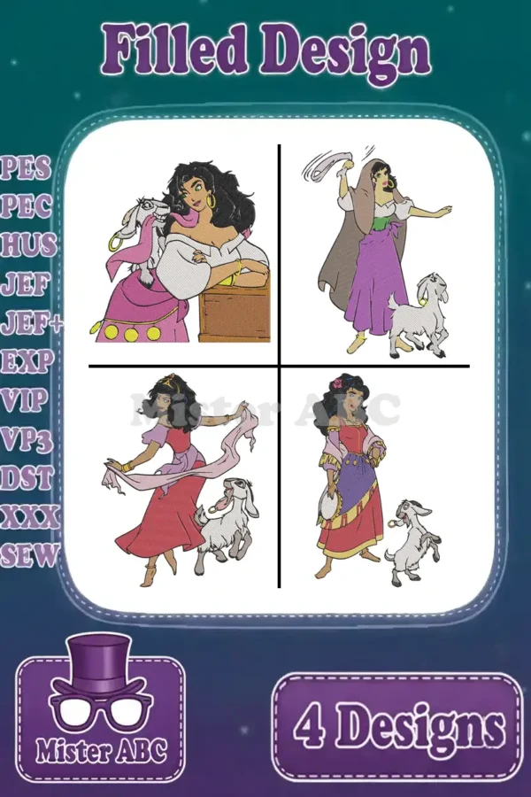 A vibrant embroidery bundle showcasing four unique designs of Esmeralda and her goat Djali, ready for stitching.