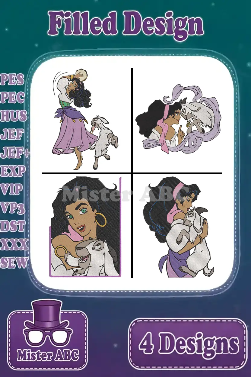 A vibrant digital embroidery bundle featuring four distinct filled designs of Esmeralda and her goat, Djali.
