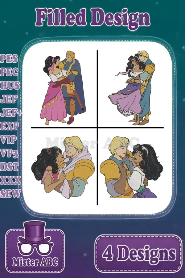Four vibrant filled embroidery designs of Esmeralda and Phoebus in romantic poses, showcasing diverse stitch types and expressions.