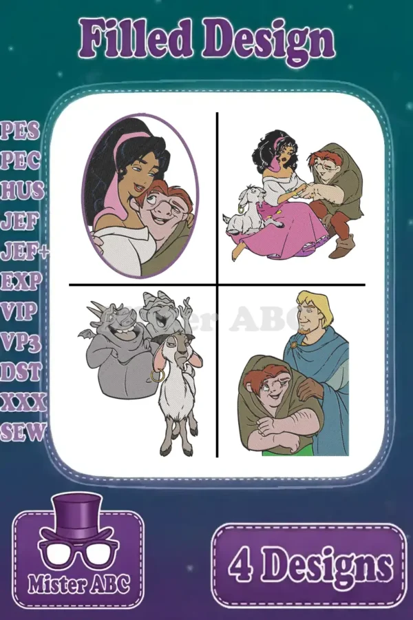 A vibrant collage showcasing four filled embroidery designs from The Hunchback of Notre Dame, including Esmeralda and Quasimodo.