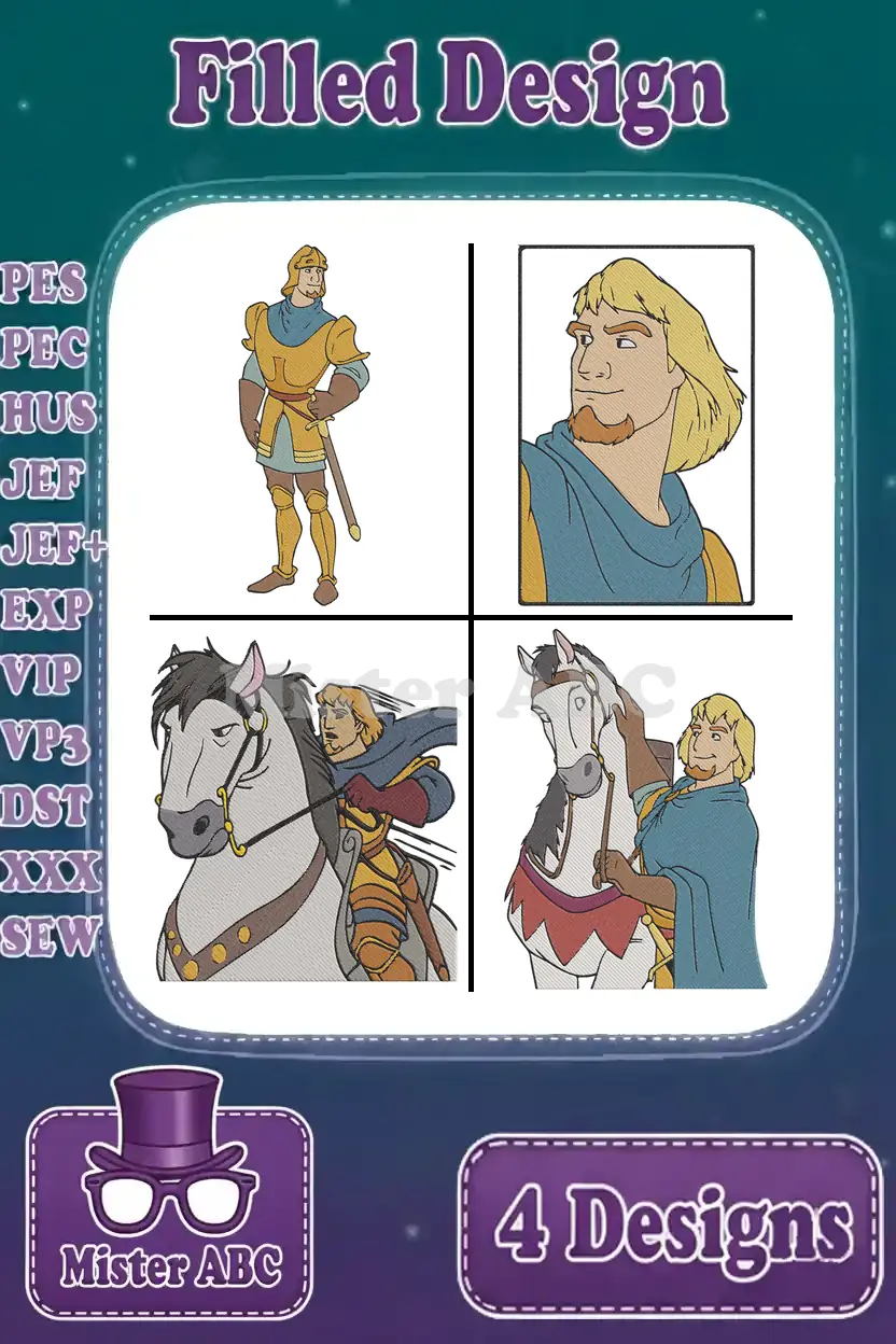 Four vibrant Sir Kay embroidery designs from 'The Sword in the Stone,' showcasing full body, bust, and horse scenes.