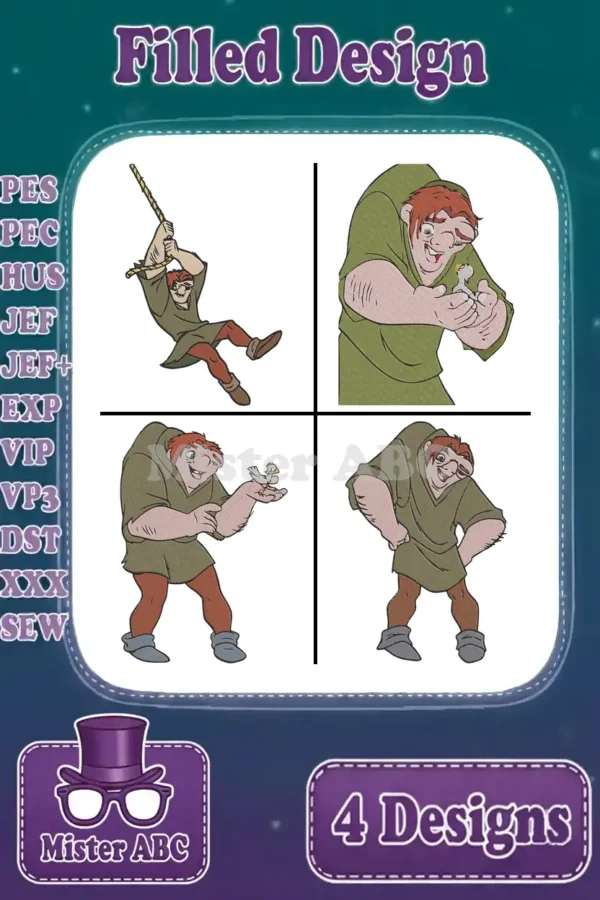 A vibrant collage of four unique Quasimodo filled embroidery designs in various poses, ready for crafting.
