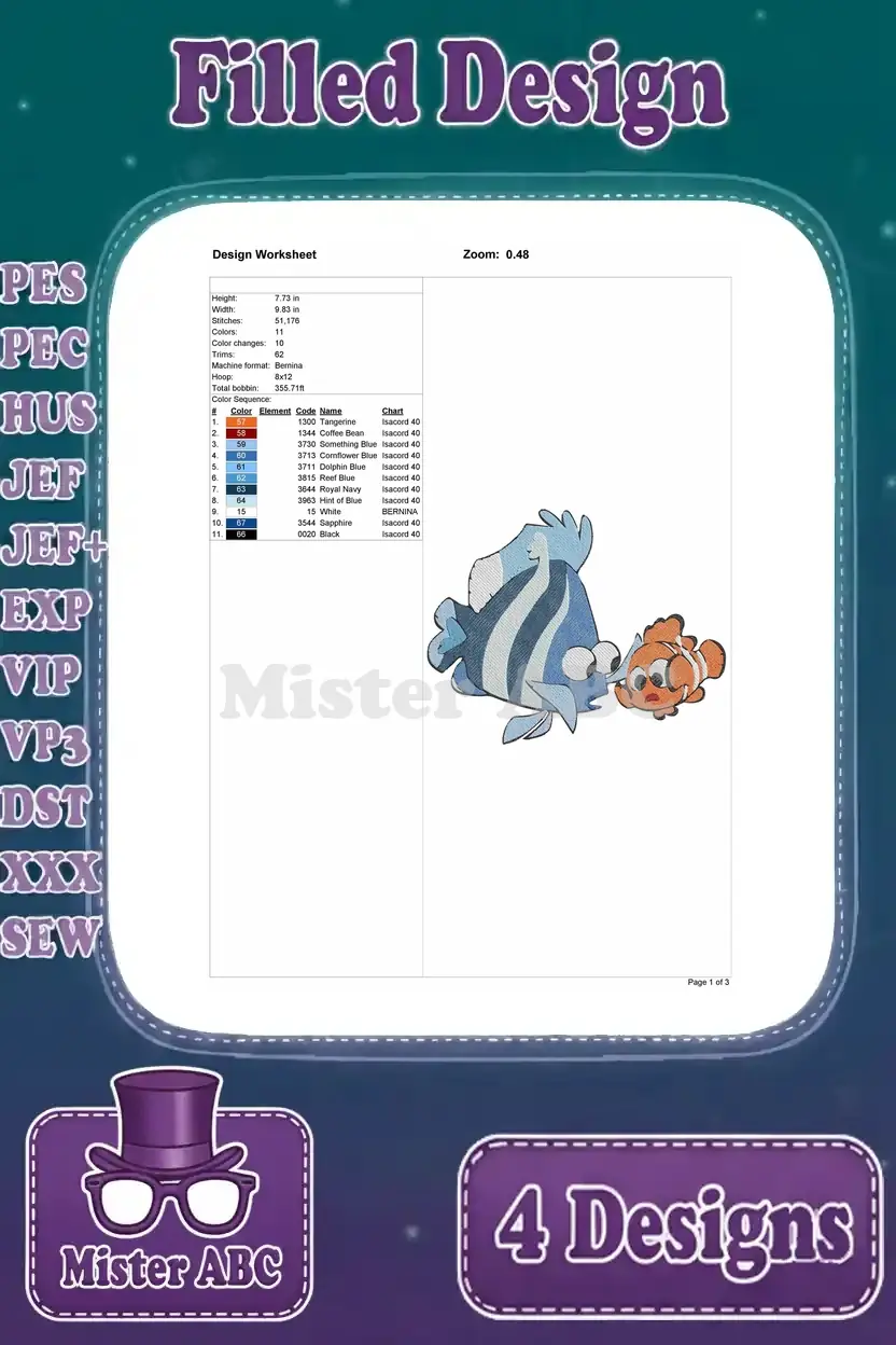 A detailed design worksheet for the Marlin and Nemo filled embroidery design, showing thread colors and stitch count.