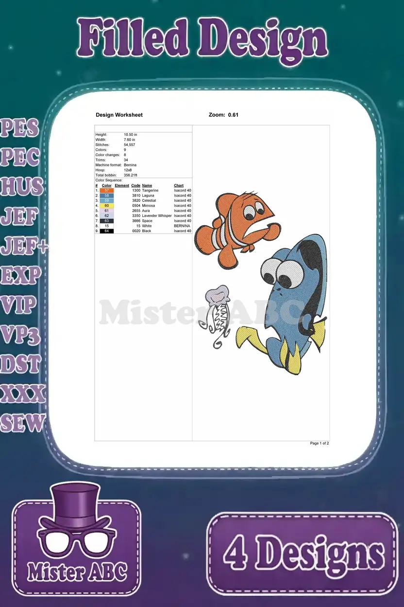 A detailed design worksheet for the Dory, Nemo, and Squirt filled embroidery design, with thread details.