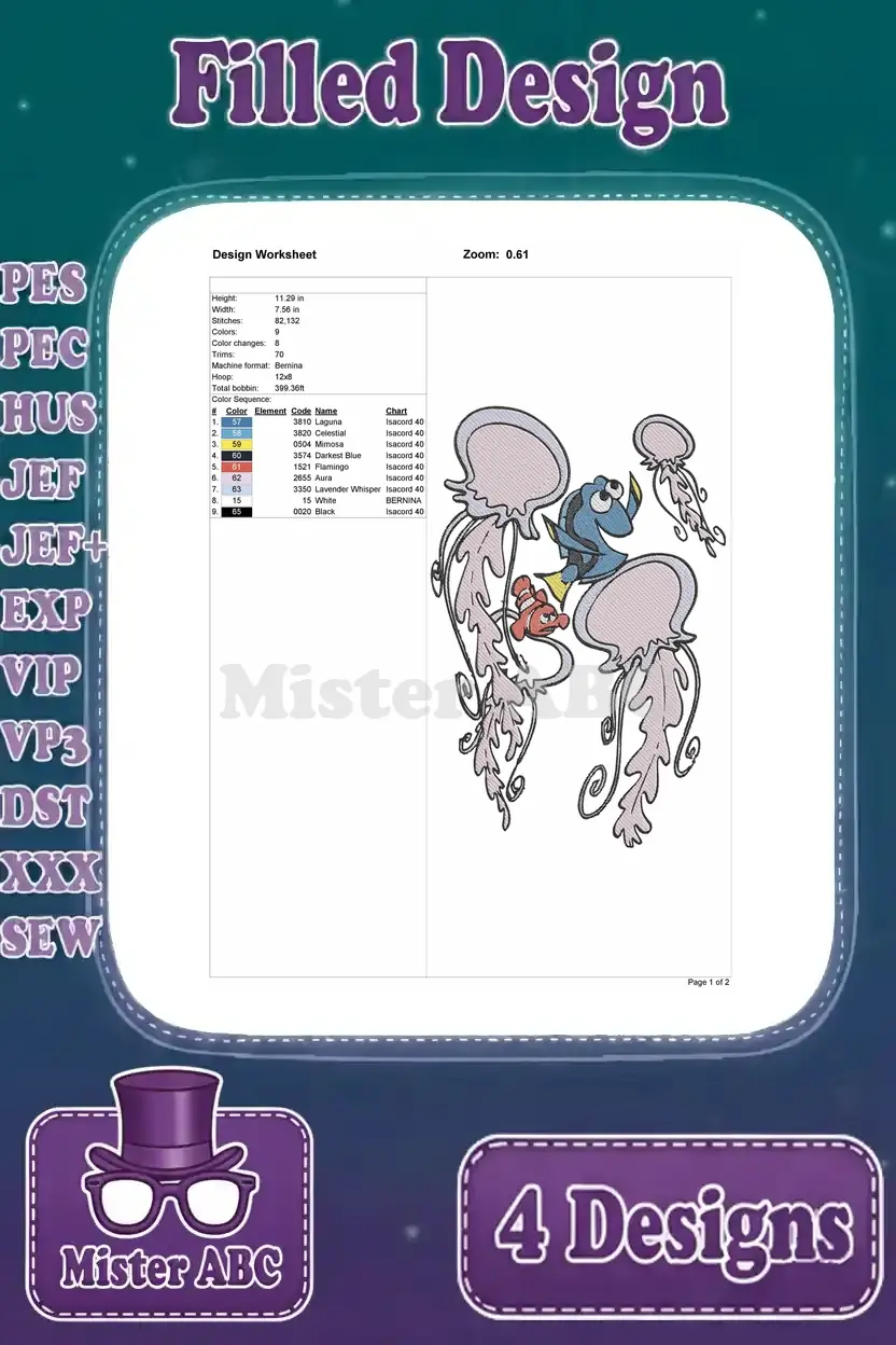 A detailed design worksheet for the Dory, Nemo, and Jellyfish filled embroidery design, providing all stitch specifications.