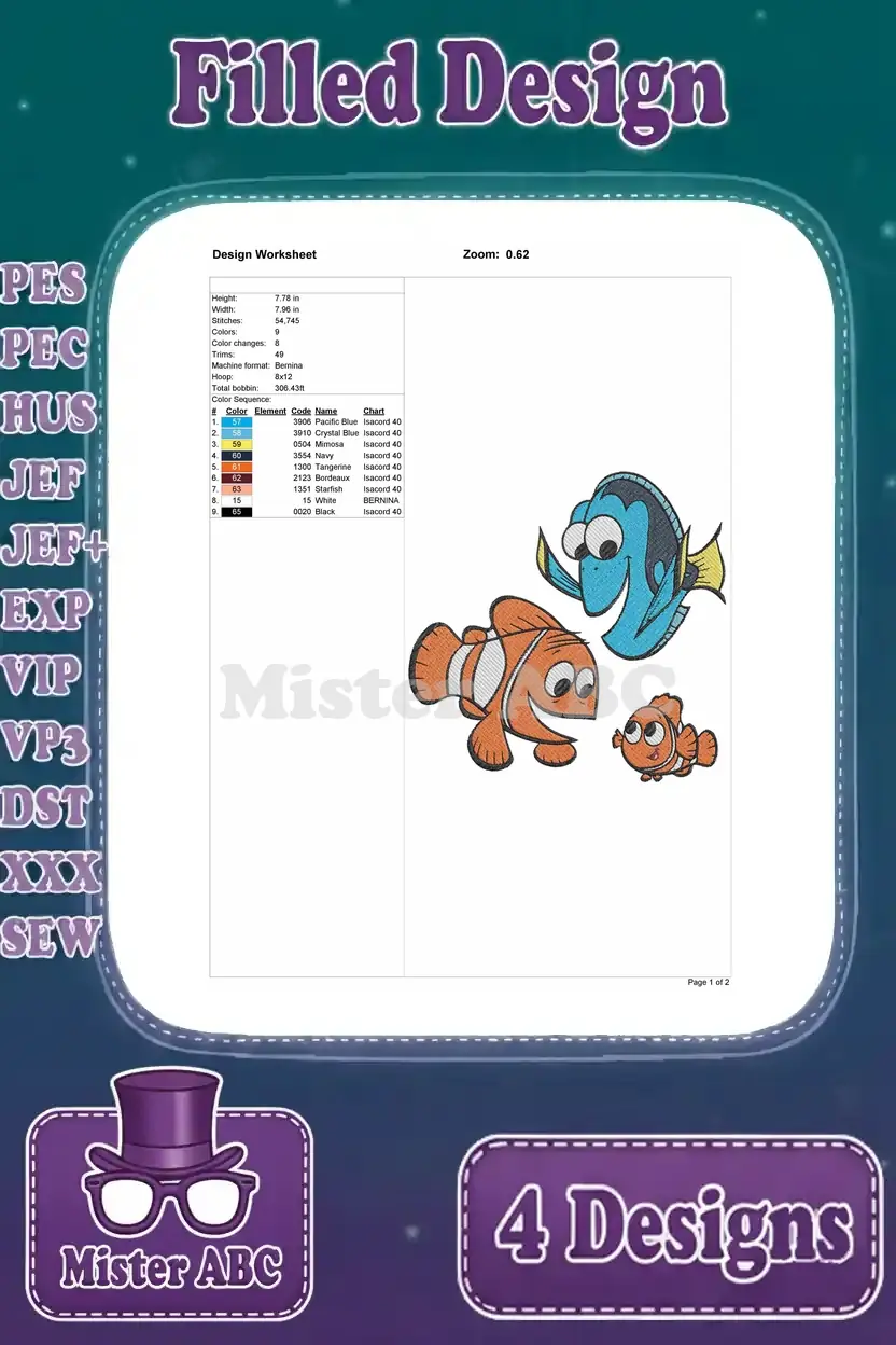 A detailed design worksheet for the Dory, Nemo, and Marlin filled embroidery design, with thread specifications.