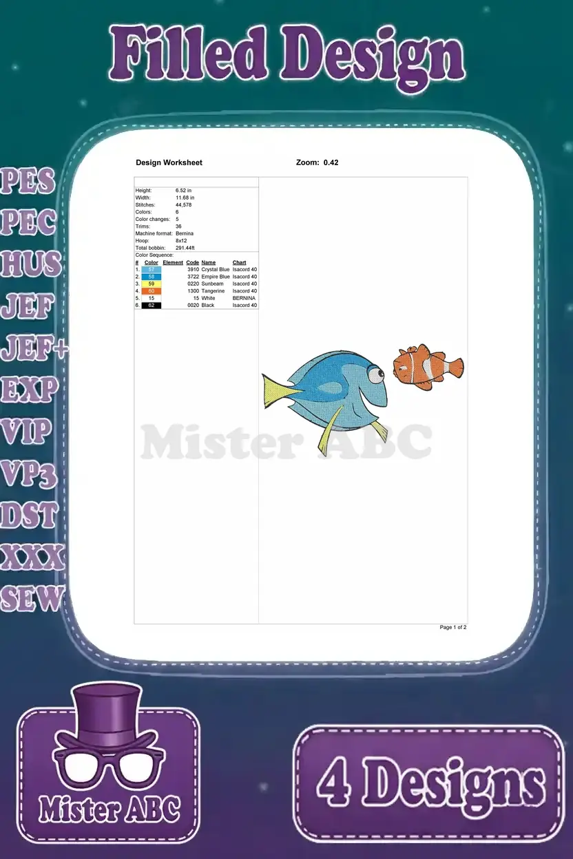 Detailed embroidery worksheet for Dory and Nemo design (pose 1), featuring stitch count, dimensions, and thread color sequence.
