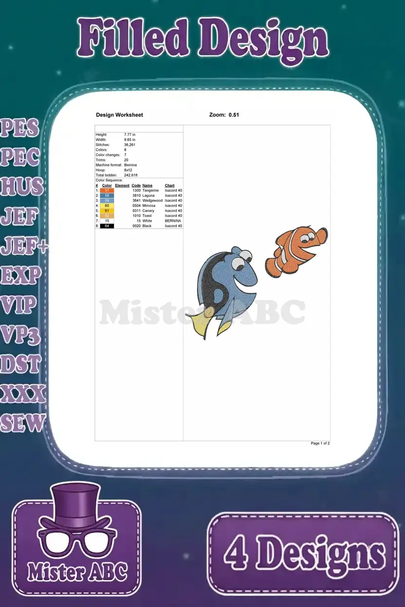 Embroidery design worksheet for the second Dory and Nemo pose, detailing dimensions, stitch count, and thread colors.