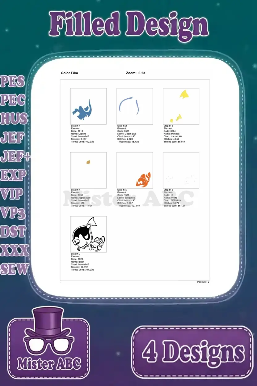 Color film guide for the third Dory and Nemo embroidery design, showing each thread color step visually.