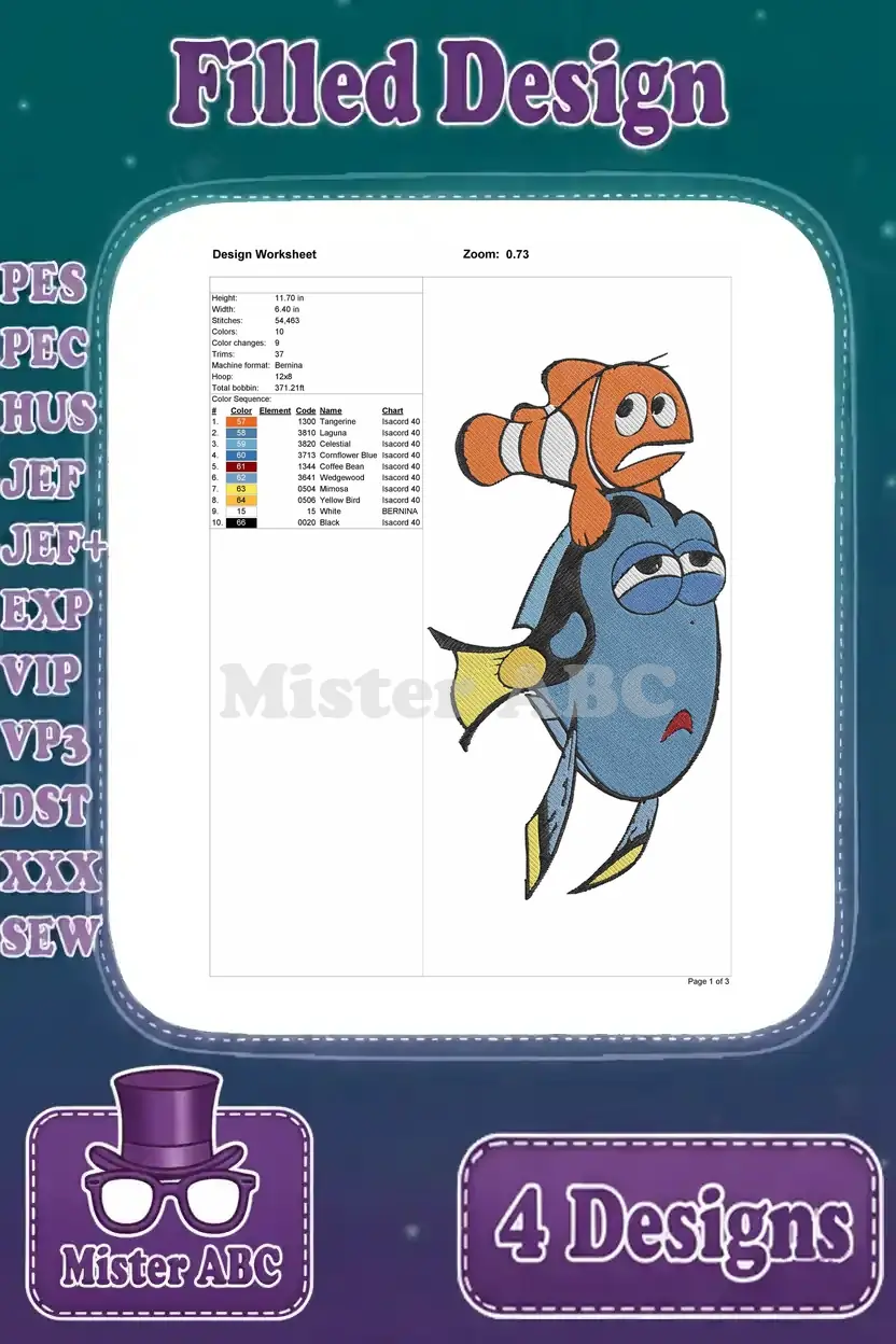 Fourth Dory and Nemo embroidery design worksheet, indicating size, stitch count, and detailed thread colors.