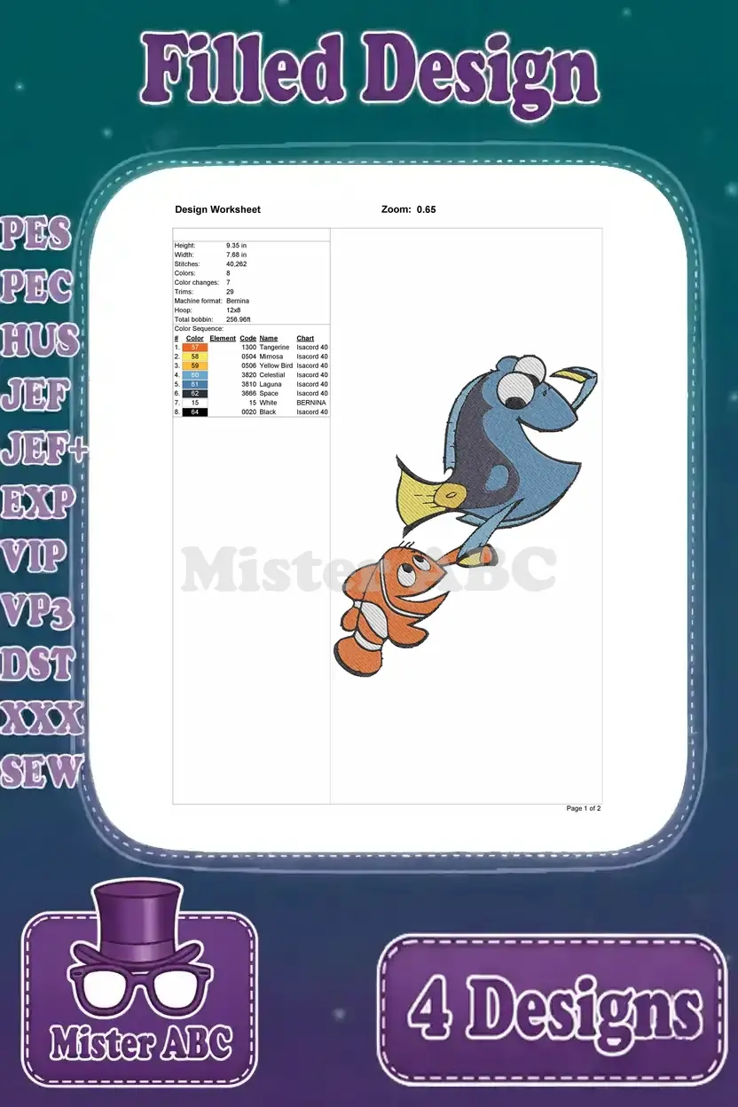 Detailed design worksheet for a filled embroidery design of Dory and Nemo, showing stitch count and colors.